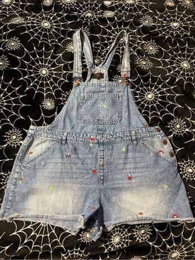 NOBO Light Blue Denim Short Overalls with Tiny Mushroom Embroidery